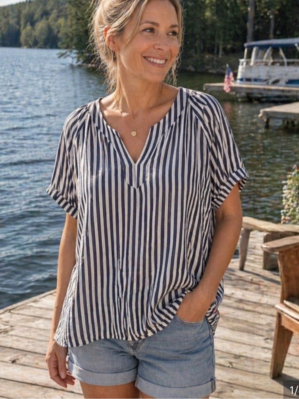 Workshop Republic Clothing Navy and White Striped V-Neck Blouse